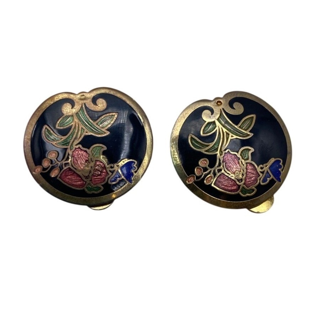 Cloisonne Clip Earrings Women Black Gold Toned Floral Butterfly Vintage